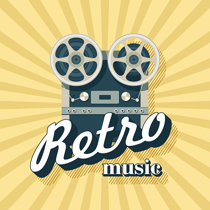 Retro music. Vector illustration. Vintage reel to reel tape recorder.