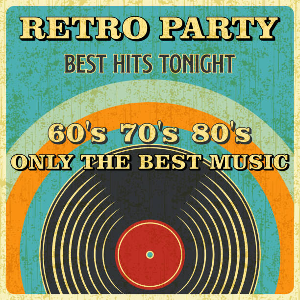 Retro Music Vinyl Record Poster in Retro Design Style. Retro Music and Vintage Vinyl Record Poster in Retro Desigh Style. Disco Party 60s, 70s, 80s. record analog audio stock illustrations