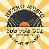 Retro Music and Vintage Vinyl Record Poster in Retro Design Style. Disco Party 60s, 70s, 80s.