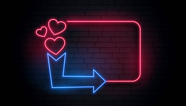 retro neon light heart frame with arrow and text space retro neon light heart frame with arrow and text space date night stock illustrations