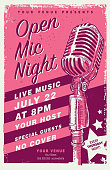 Vector illustration of a Retro Open Mic Night Poster design template with microphone. Includes lot's of textures and sample text design. Easy to edit with layers. EPS 10,