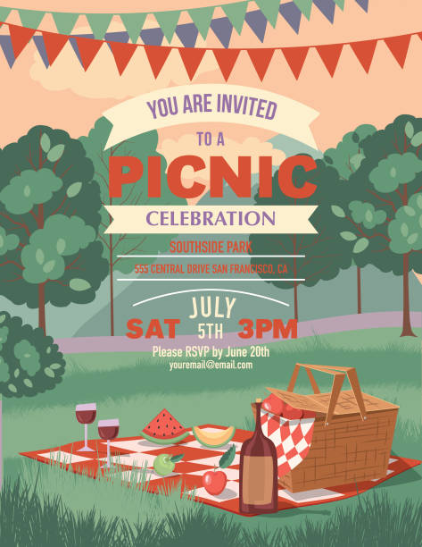 Retro Outdoors Picnic Cartoon With Nature and Trees Retro Outdoors Cartoon. Picnic Invitation template. picnic stock illustrations