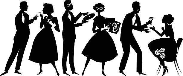 Retro party silhouette Vector silhouette of people dressed in 1950s fashion at the party, socializing, EPS 8, no white objects, black only  cocktail silhouettes stock illustrations