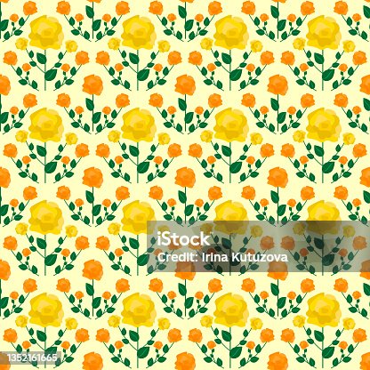 istock Retro pattern of yellow and orange roses. Vintage retro drawing in hippie and 70s style. 1352161665