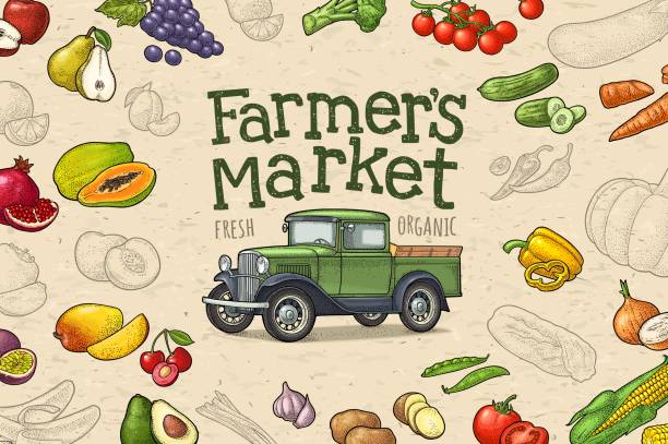 Retro pickup truck, fruit and vegetable engraving. Lettering Farmers market Horizontal poster with retro pickup truck and handwriting lettering Farmers market. Vintage color engraving illustration on craft paper texture with fruit and vegetable. farmers market stock illustrations