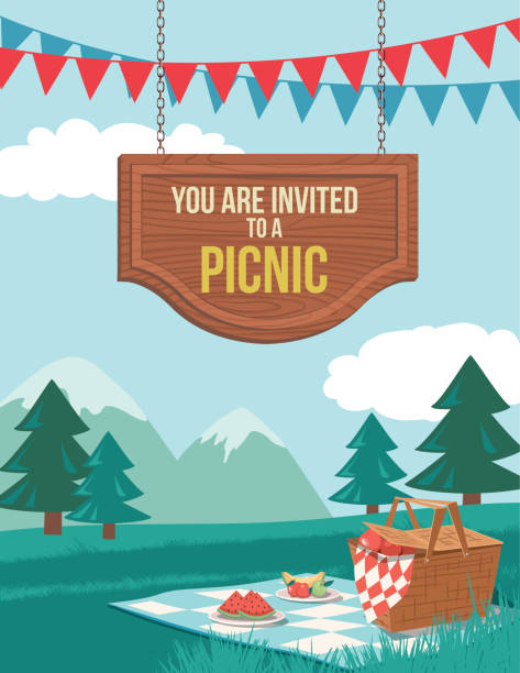 Retro Picnic Cartoon With Nature and Trees Old fashioned Picnic Invitation template. Lots of elements in flat colors. The items can be moved around by releasing the clipping mask (right-click on layer, choose ‘release clipping mask’) cartoon of the family reunions stock illustrations