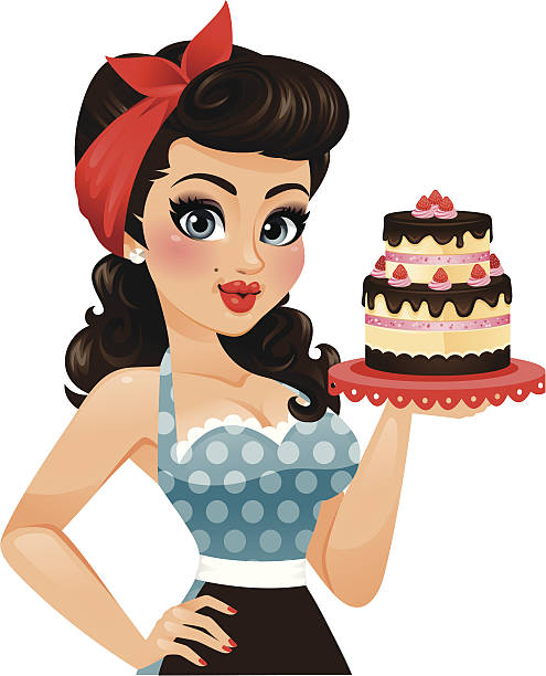 Retro Pin Up Cake Girl A cute retro girl holding up a cake.  heyheydesigns stock illustrations