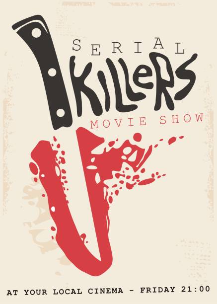 Retro poster design concept for serial killers movie show Retro poster design concept for serial killers movie show. Vintage sign with bloody knife and blade in negative space. murder stock illustrations
