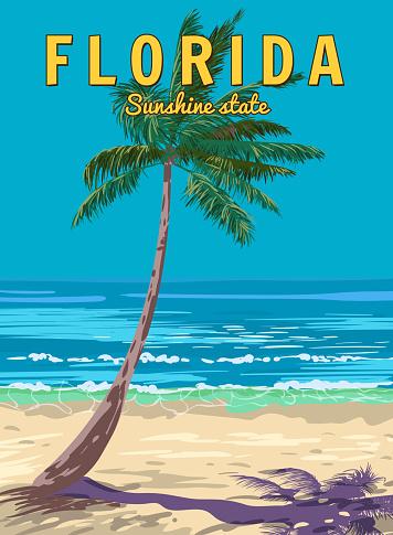 Retro Poster Florida Beach. Palm on the beach, coast, surf, ocean. Vector illustration vintage style isolated