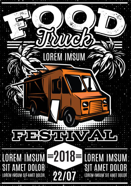 retro poster for invitations on street food festival with food truck on black background retro poster for invitations on street food festival with food truck on black background food truck stock illustrations