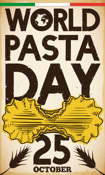 Retro Poster with Farfalline Draw for World Pasta Day Celebration Commemorative retro poster promoting World Pasta Day with a delicious farfalline in hand drawn style and some wheat spikes silhouettes for this delicious date. pasta silhouettes stock illustrations