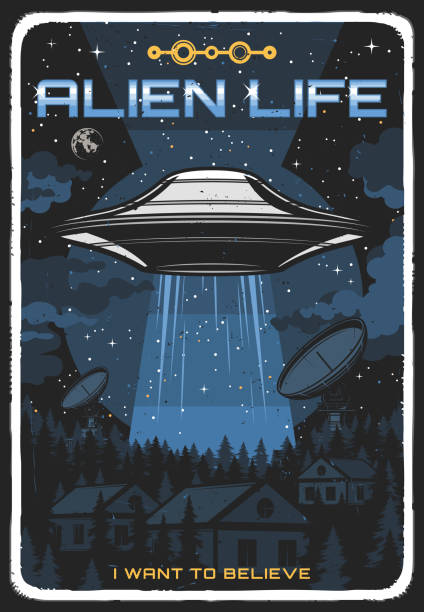 Retro poster with ufo illuminate houses at night Retro poster with ufo illuminate houses at night. Vector alien saucer in starry sky explore human life on earth. Extraterrestrial comer from outer space grunge vintage card, cosmos, stars and planets ufo stock illustrations