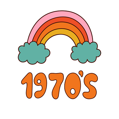 Retro print 1970 vibe. Rainbow and clouds. Vector illustration