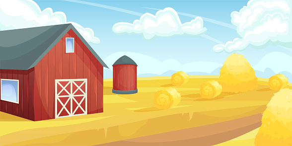 Retro red American barn in an agricultural field. Farming, harvest. Subsistence farming.