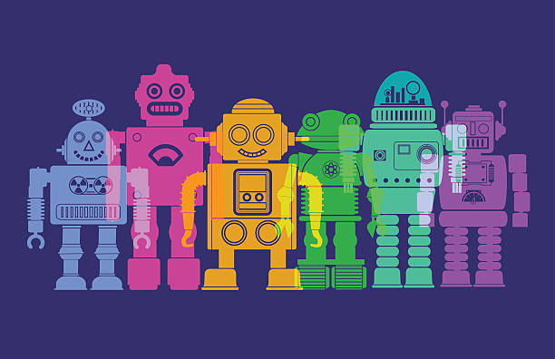 Retro Robots Colourful overlapping silhouettes of Robots. EPS10 file, best in RGB, CS5 versions in zip robot silhouettes stock illustrations