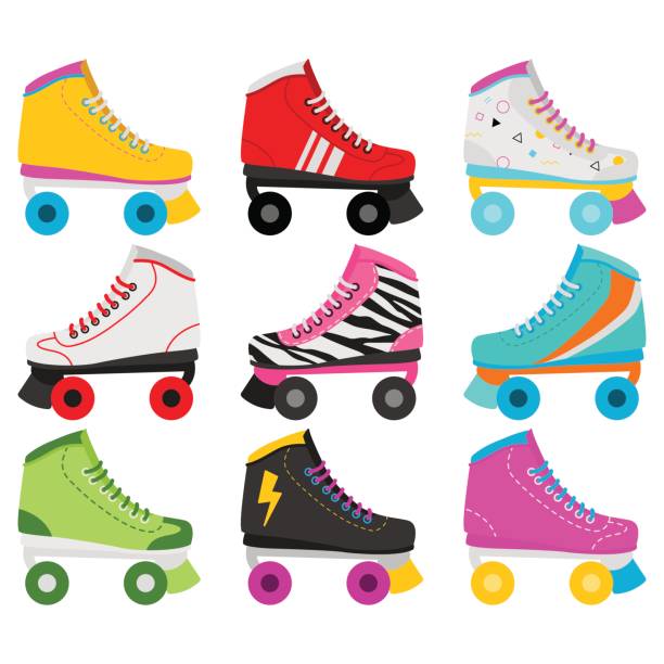 retro-roller-skates in weißem hintergrund - rollschuh stock-grafiken, -clipart, -cartoons und -symbole