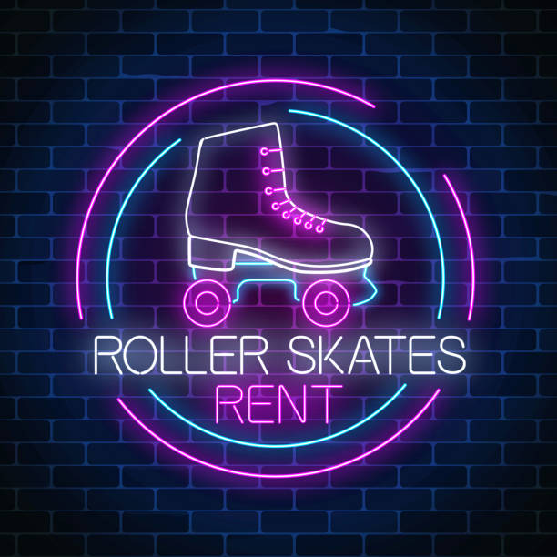 retro-roller-skates mieten leuchtende neon anmelden kreis rahmen. skate-zone-symbol in neon-stil. - rollschuh stock-grafiken, -clipart, -cartoons und -symbole