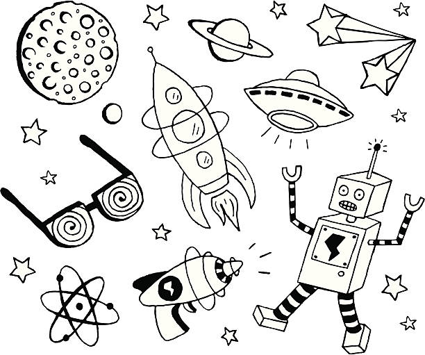 Retro Sci-Fi Doodles A retro science fiction themed doodle page. Includes robot, ray gun, atom, x-ray glasses, rocket, ufo, stars, planets and the moon. robot drawings stock illustrations