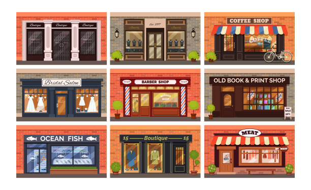 Retro shop store facade with storefront vector Retro shop store facade with storefront large window, columns and brick wall set. Facade residential building front view jewelry barber boutique wedding seafood book coffee shop. Vector illustration window illustrations stock illustrations