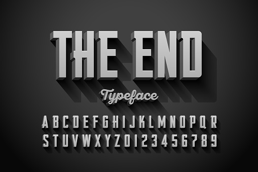 Retro style condensed font, The End title vector illustration
