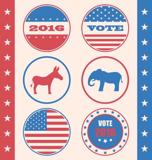Retro Style of Button for Vote or Voting Campaign Election Illustration Retro Style of Button for Vote or Voting Campaign Election. Set Vintage Badge with Symbols of United States Political Parties - Vector voting borders stock illustrations