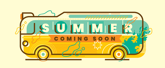 Retro style summer banner design in color with illustrated bus and various abstract elements. Vector illustration.