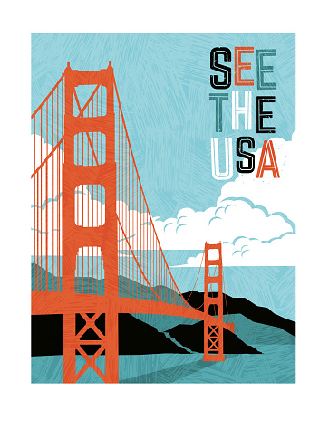 Retro style travel poster design for the United States.  Scenic image of Golden Gate Bridge. Limited colors, no gradients.  Vector illustration.