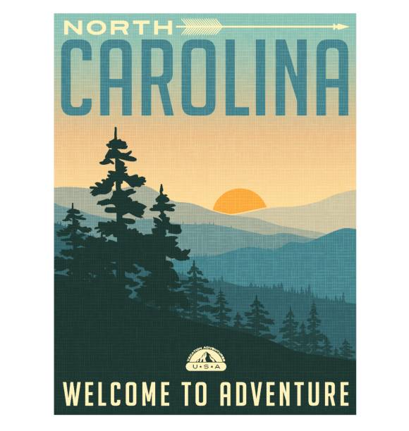 Retro style travel poster or sticker. United States, North Carolina, Great Smoky Mountains  travel silhouettes stock illustrations