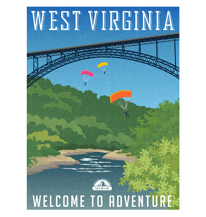 Retro style travel poster or sticker. United States, West Virginia, New River Gorge Bridge, Appalachian Mountains