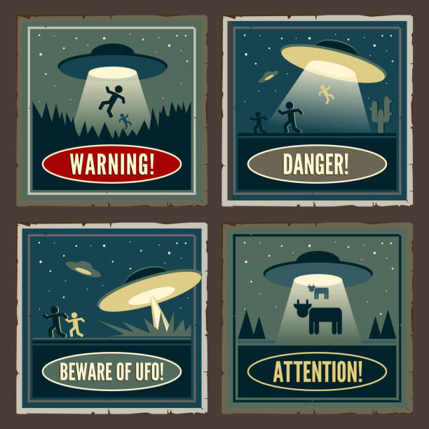 Retro style UFO poster. Four vintage signs with extraterrestrial activity warning vector art illustration