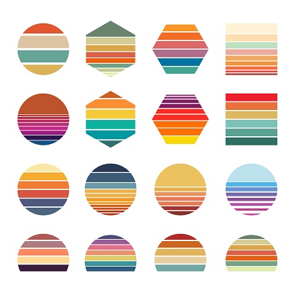 Retro sunset collection for banner or print. 80s style retrowave striped shapes with different forms and colors.