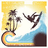 Multi-colored vector illustration done in grunge style, portraying an airborne surfer, a large wave, palm trees, and curly retro stripes.  The surfer and trees are in silhouette.