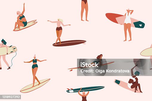 istock Retro Surfing seamless pattern in vector. Surf girls character in swimsuit with a shortboard and Longboard seamless pattern. Summer design for fabric, wallpaper, packaging paper, backgrounds and decor. 1318927292