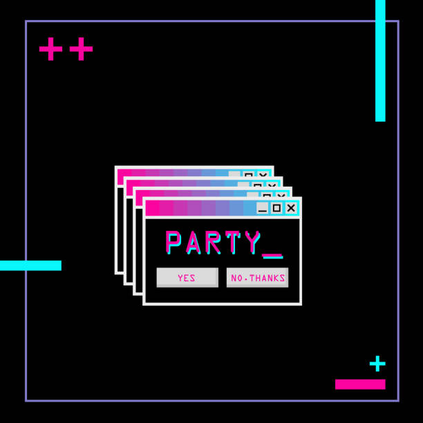 Retro synthwave style party invitation card on black background Retro synthwave style party invitation card on black background vaporwave stock illustrations
