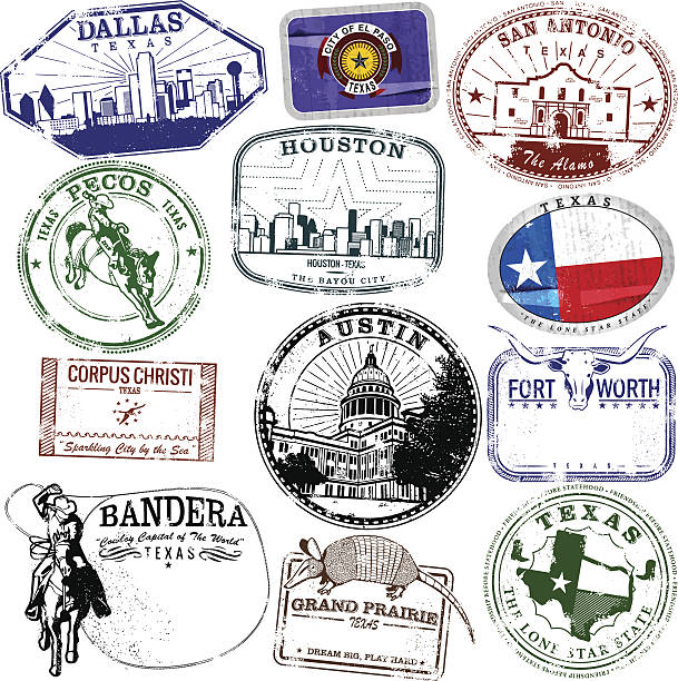 Retro Texas Stamps Series of stylized retro/vintage passport style stamps of different Texas Locations. As well as two decals. san antonio stock illustrations