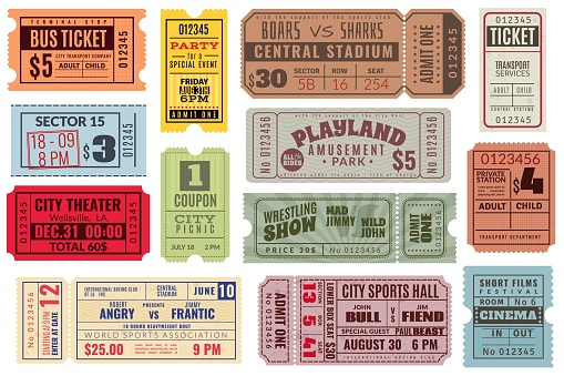 Retro tickets. Vintage cinema ticket concert and festival event, movie theater coupon. Circus show, raffle paper voucher vector set