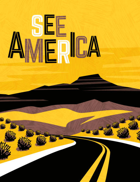 美國西南部的復古旅遊海報設計。海報、橫幅、旅行貼紙。 - 美國文化 插圖 幅插畫檔、美工圖案、卡通及圖標