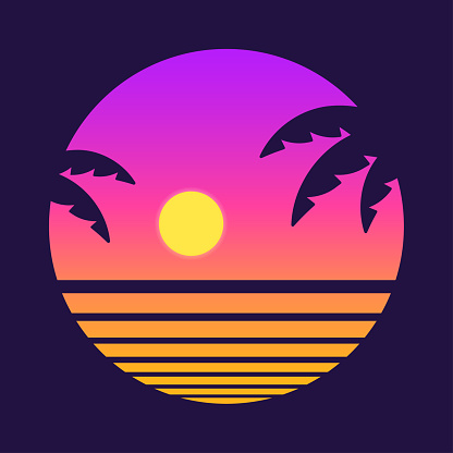 Retro style tropical sunset with palm tree silhouette and gradient background. Classic 80s design vector illustration.