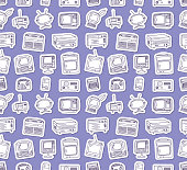 Vector retro TV and Radio doodles set. Seamless pattern purple background. EPS8