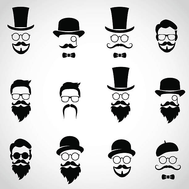 ilustrações, clipart, desenhos animados e ícones de vintage retrô, senhores deputados. coleção de diferentes, masculino rostos. - bigode