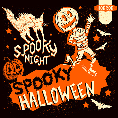 Set of retro vintage halloween design elements including signs, lettering and hand drawn characters. Vector illustration