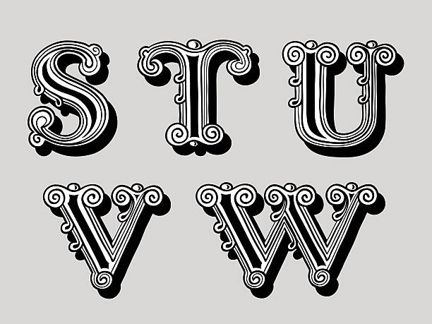 Retro vintage illustration of alphabet letters Retro vintage illustration of alphabet letters in caps, the S, T, U, V, W in the antiqua design in black and white over a sepia background drawing of a fancy letter v stock illustrations