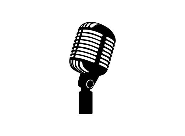 illustrations, cliparts, dessins animés et icônes de rétro vintage microphone vecteur sur fond blanc. silhouette de mic. musique, voix, icône d’enregistrement. symbole de studio d’enregistrement. illustration vectorielle de étable plat - micro