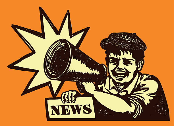Retro vintage paperboy shouting with megaphone selling newspaper Latest news! Retro Vintage Paper boy shouting with megaphone selling newspaper vendor, Extra! Special edition! newspaper clipart stock illustrations