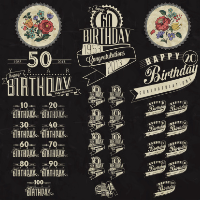 Vintage calligraphic and typographic style Happy Birthday hand lettering collection. Vector. Hungarian flowers elements.