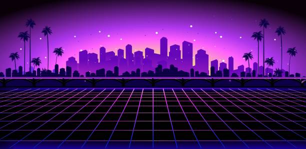 Retro Wave synth Sci-fi vector background, Night City Skyline in the style of retro waves, synth, 80s design. Futuristic vector illustration geometric style, Tropical night vaporwave stock illustrations