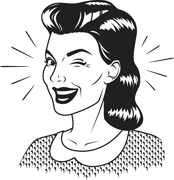 Retro Winking Woman An vintage styled woman giving a sly wink to the viewer. File created from black lines and shapes on a transparent background, so it's easy to drop into your designs (no limiting white background behind the shapes). winking stock illustrations