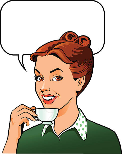 stockillustraties, clipart, cartoons en iconen met retro woman drinking coffee - holding coffee cup - woman drinking coffee