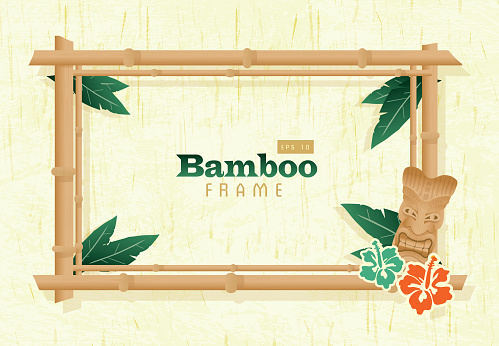 Retro wooden Summer Tiki Bamboo frame on natural background poster advertisement design template. Cute a  cute Tiki style frame which includes sample text design, hawaiian, tiki, asian themes. Turquoise or on a summery background.  Easy to edit printable with layers. Vector illustration royalty free. Lot's of texture and vintage Hawaiian style.