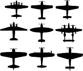 Vector silhouettes on nine WWII airplanes.